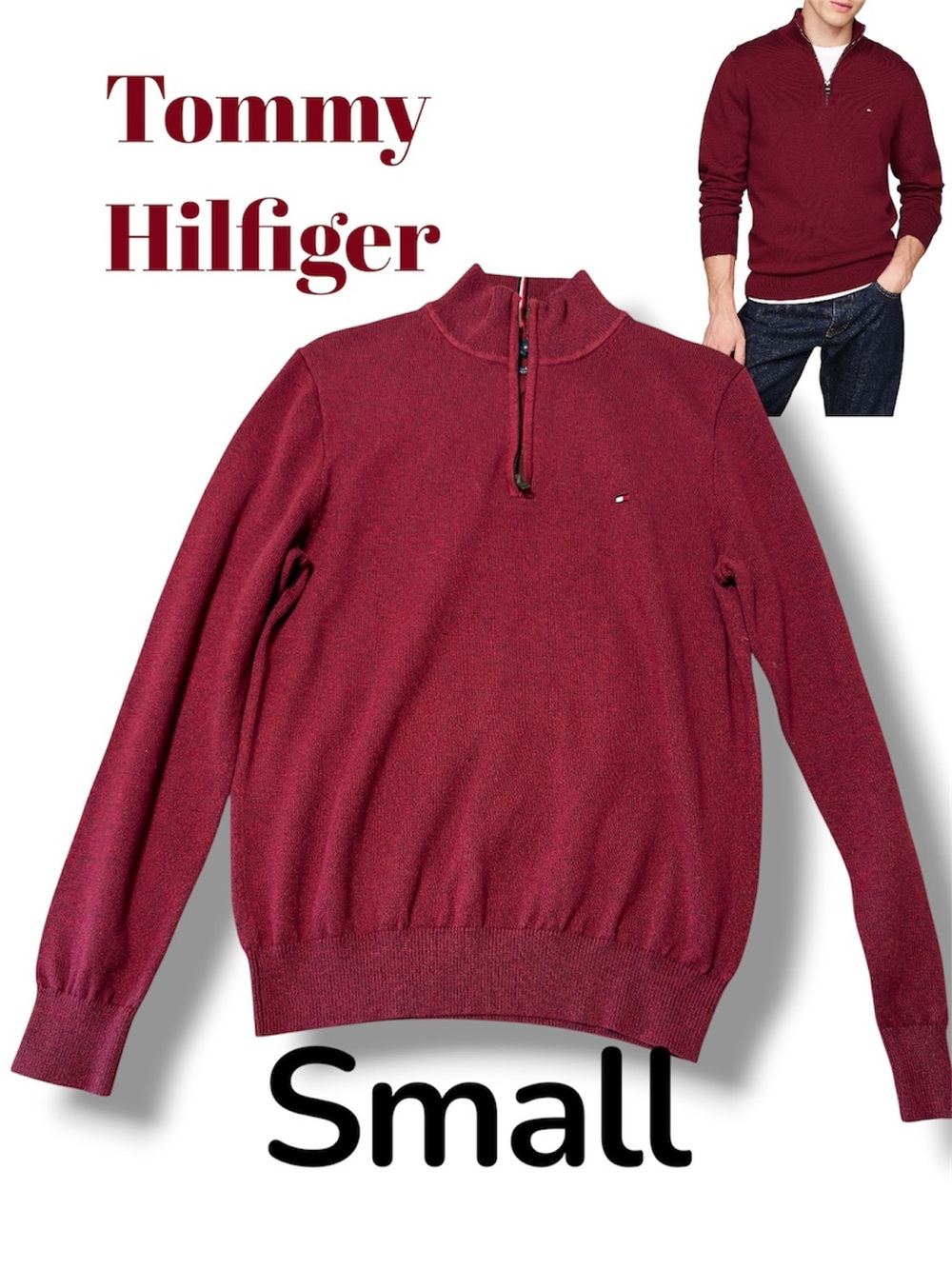 Tommy Hilfiger Men’s Quarter-Zip Sweater in Burgundy, maroon, Sz Small, Casual